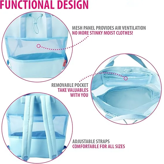 Custom Brand Logo Waterproof Beach Tote Bags for Women Vacation Ladies Essentials Gym Mesh Backpack