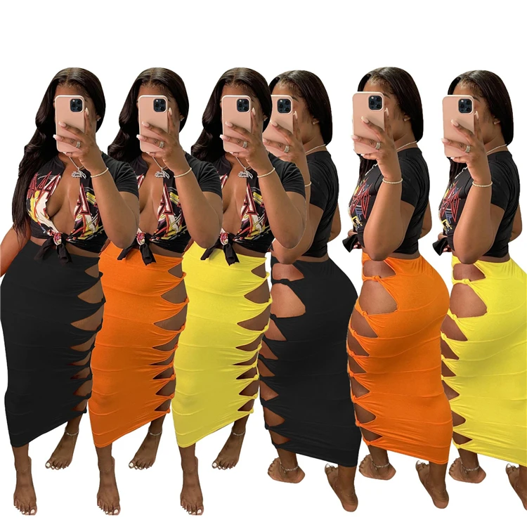 Wholesale 2022 Hot Ladies Casual Dresses Solid Color Sexy Hollow Out Tight Stretchy ClothingSummer Women Pencil Skirt