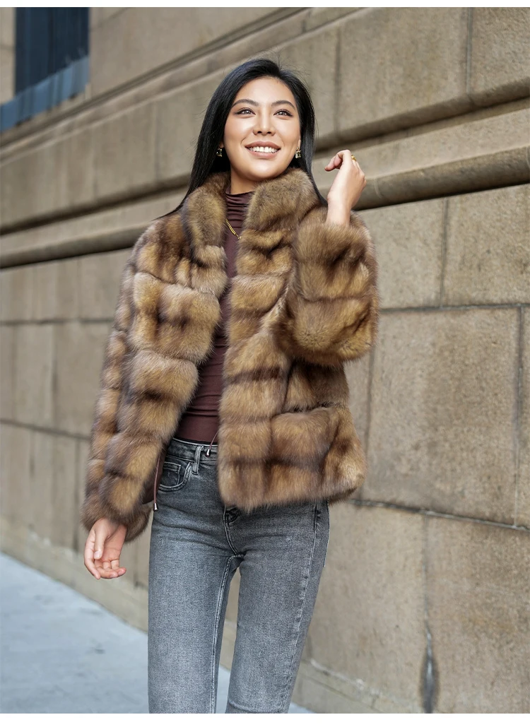 Luxury Real Russian Sable Fur Coat Winter Warm Long Sleeve Standing Collar Mink Coat With Pocket