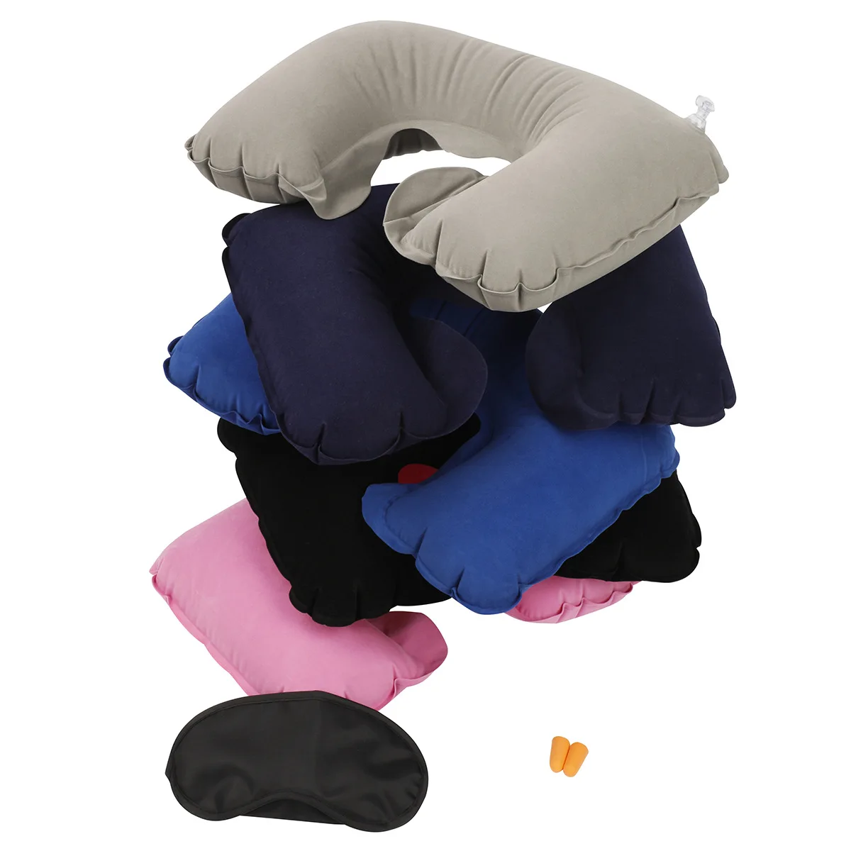 1 set Flocking Soft U Shaped Air Inflatable Pillow with Eyes Cover Earplugs Neck Car Headrest Air Cushion for Home Travel