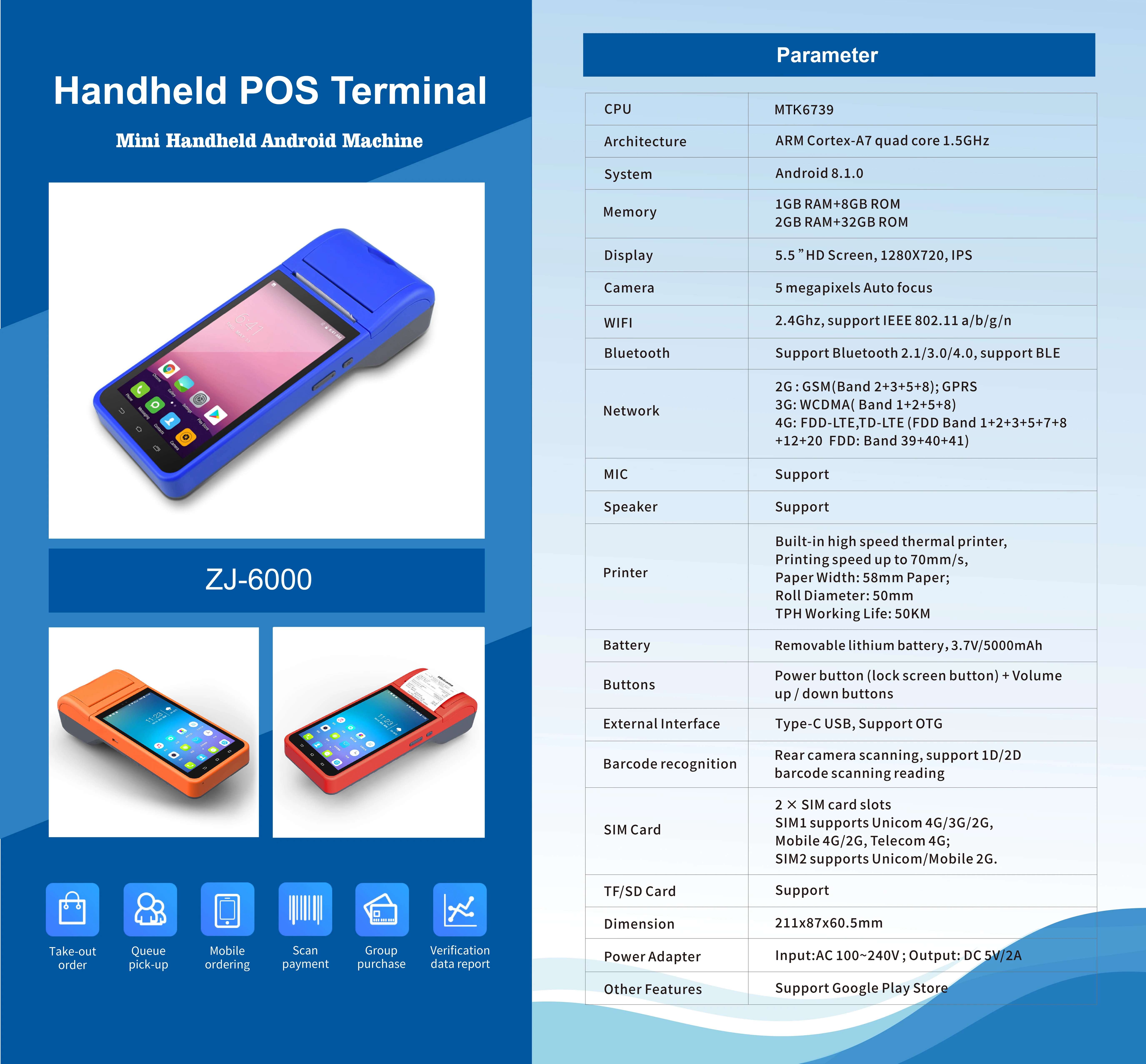 5.5 Inch Touch Screen Pos Q2i Handheld Android 8.1 Pos Terminal With 58mm Printer Hardware Pos