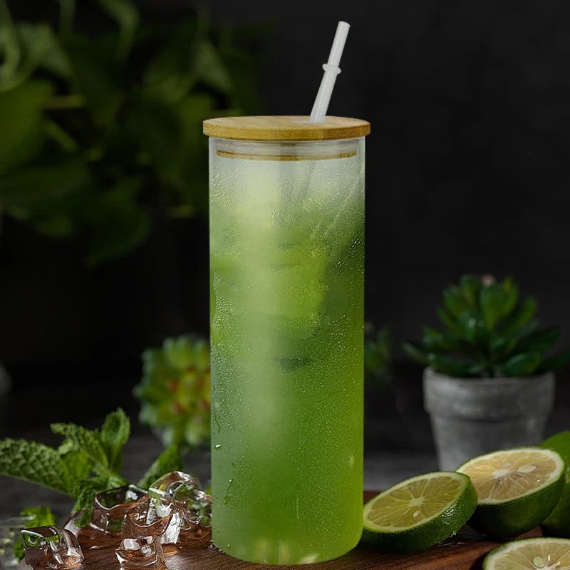 USA WAREHOUSE RTS stocked 12oz 16oz 25oz Clear Frosted Soda Pop Shaped Sublimation Beer Jar Glass Can Bottle with Straw Lid