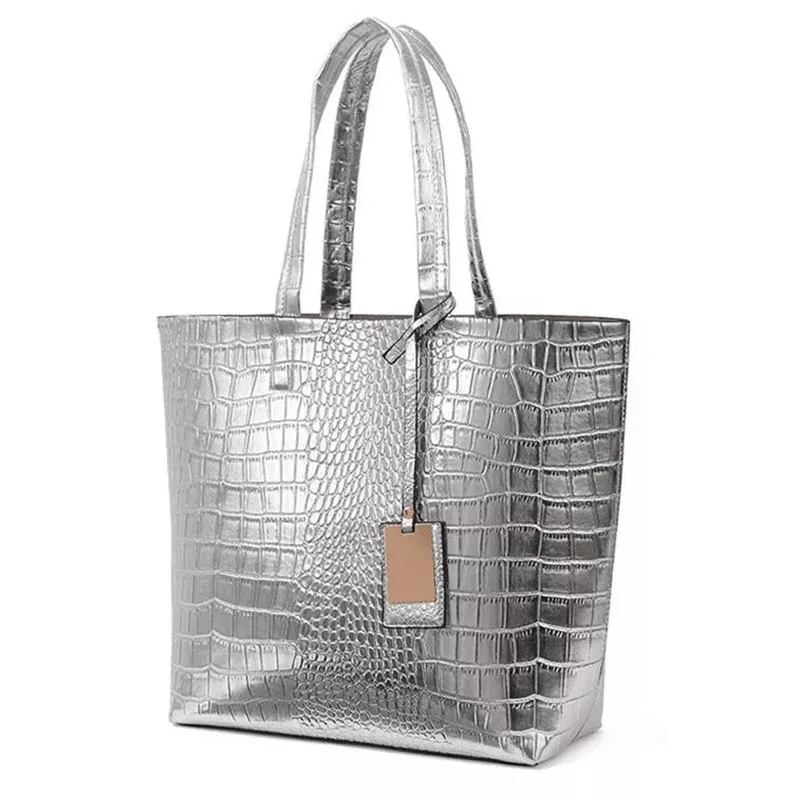 Women Crocodile PU Leather Shoulder Bag Ladies Casual Tote Sliver Handbag