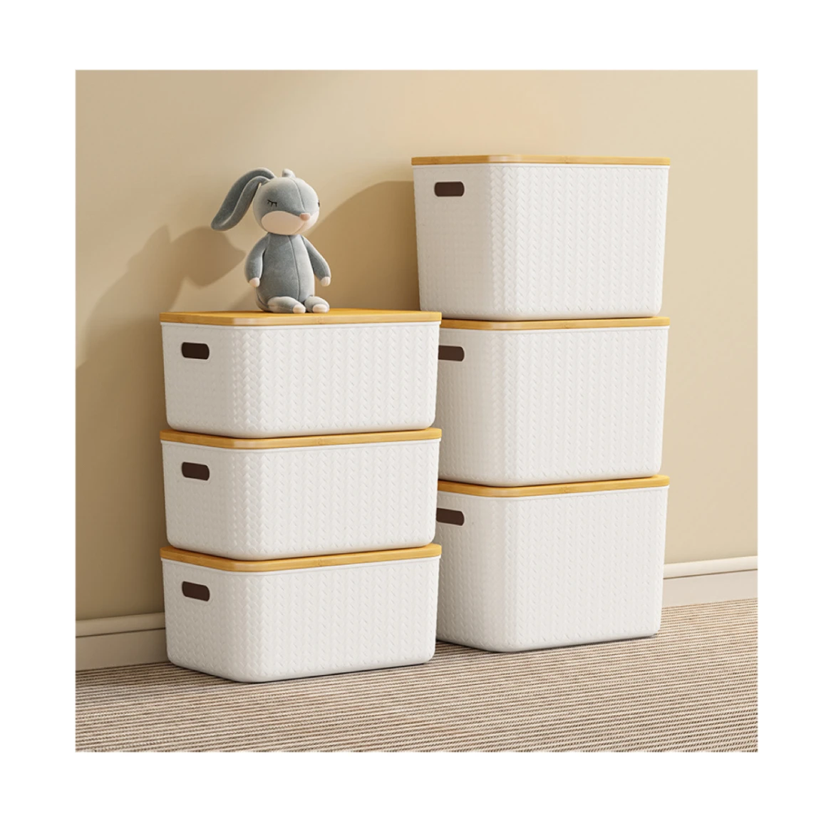 Choice fun Bamboo cover Weaving effect household plastic storage box,makeup clothing toy storage box with handle