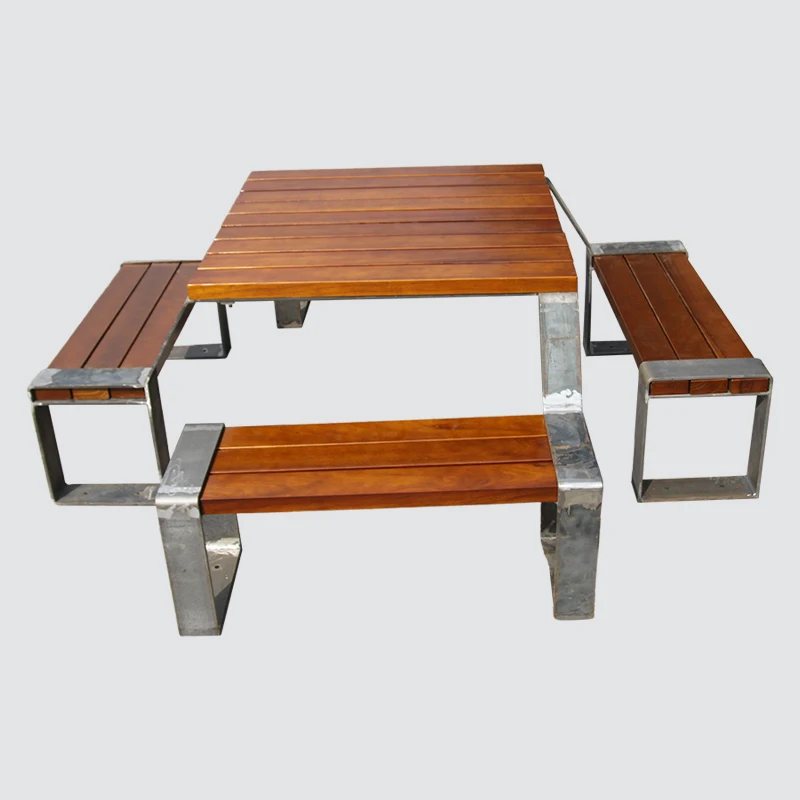 Heavy Duty Commercial Outdoor 4 Seat Picnic Table Outside Garden square Metal and Wood Out Door Dining Table with Bench