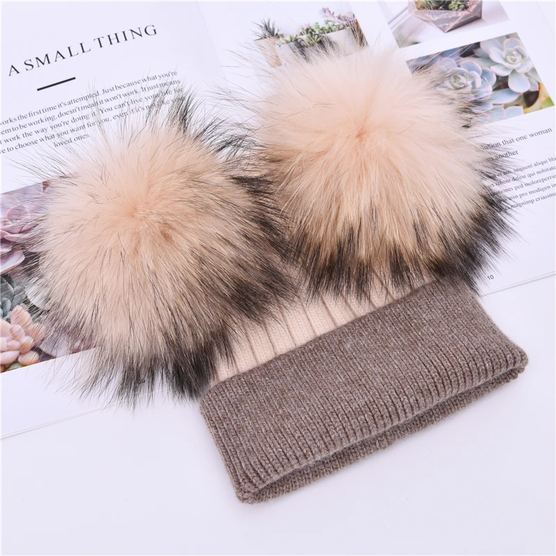 Wholesale Thick Warm Custom Logo Real Fur Pom Pom Hat Cute Ball Skull Luxury Winter Soft Cashmere Knitted Kids Beanie Supplier
