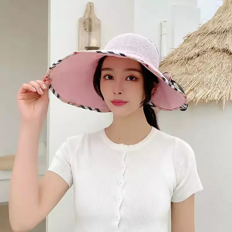 Hot Sale Korean Style Folding Outdoor Travel Plaid Pattern Women Visor Hats