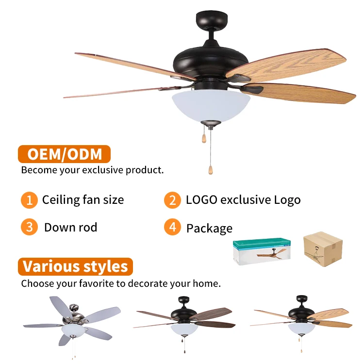 Factory Price Pull Chain Classic Silent Energy Saving 52 Inch Antique Rustic Ceiling Fan With Light