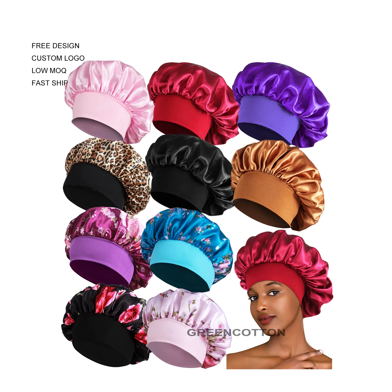 Custom Logo Satin Bonnets for Women Sleeping Large Braids Bonnet Wide Band Hair Bonnets Sleeping Colorful Women