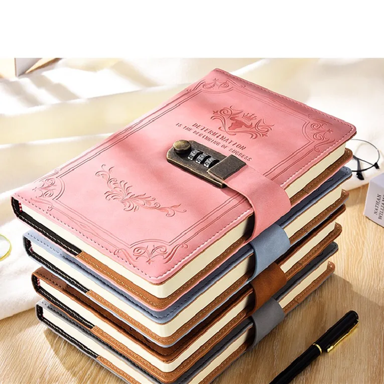 2024 Custom Design Emboss Logo PU Leather Case Bound Lined Page Lock Notebook Gift Set Diary Notebook with Lock Promotion FSC