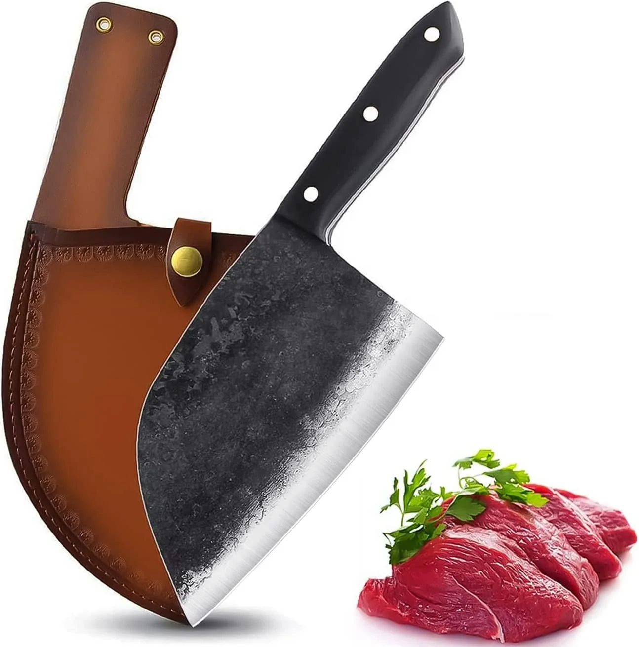 Professional High Carbon Steel Kitchen Cleaver Boning Meat Chopping Chef Slaughter Butcher Knife With Leather Sheath