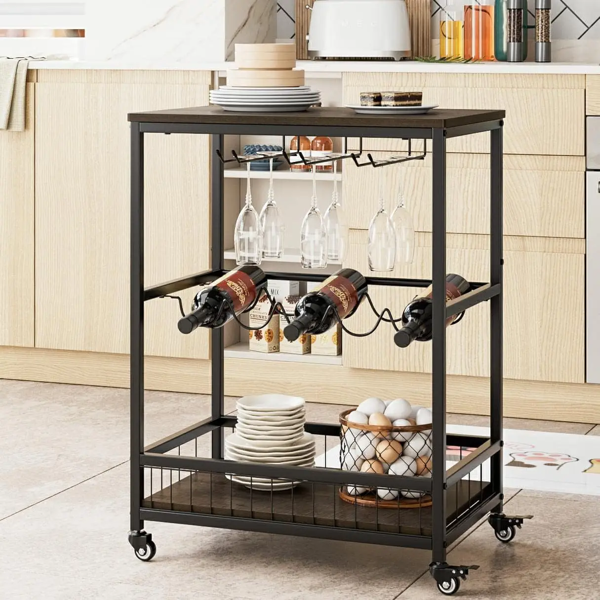 Wine Racks and Glass Holders Kitchen Rolling Wine Beverage Serving Cart Wine Bar Cart