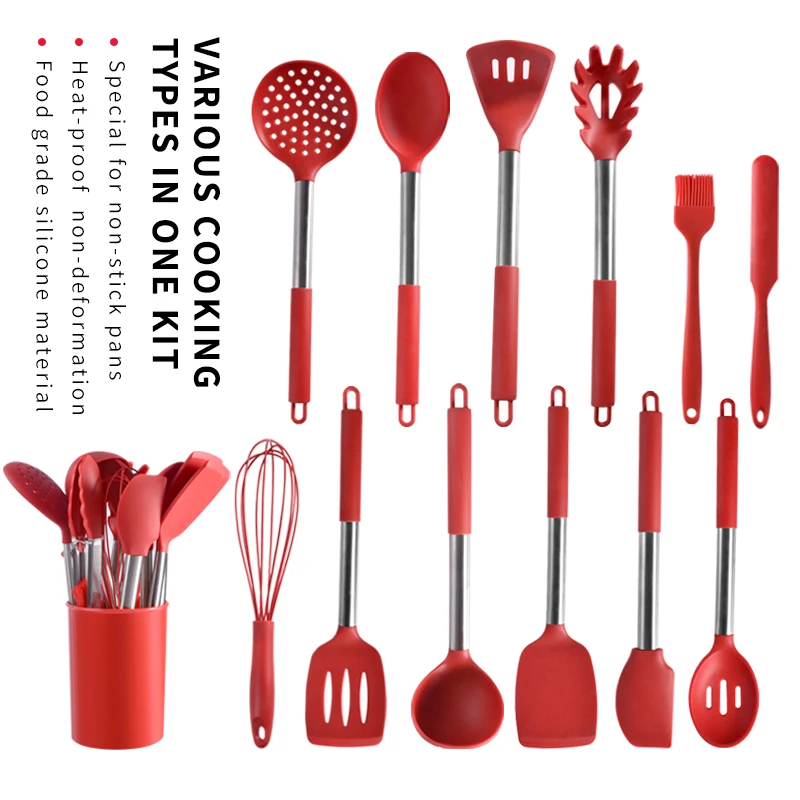 Heat Resistant Stainless Steel Kitchen Cooking Gadgets 14 Piece Silicone Kitchen Cuisine Baking Utensils Spatula Set