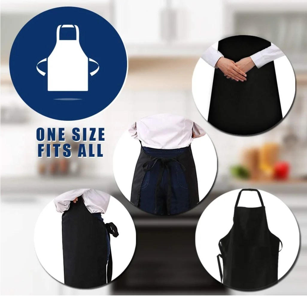 Bulk No pocket Bib Apron - Unisex Black Machine Washable Polyester Aprons for Men and Women, Kitchen Cooking Chef apron