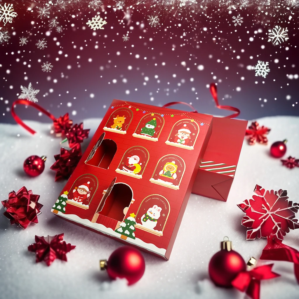 Customized Christmas Red Advent Calendar Blind Gift Box with Logo UV Corrugated Paperboard Gift Packaging for Crafts