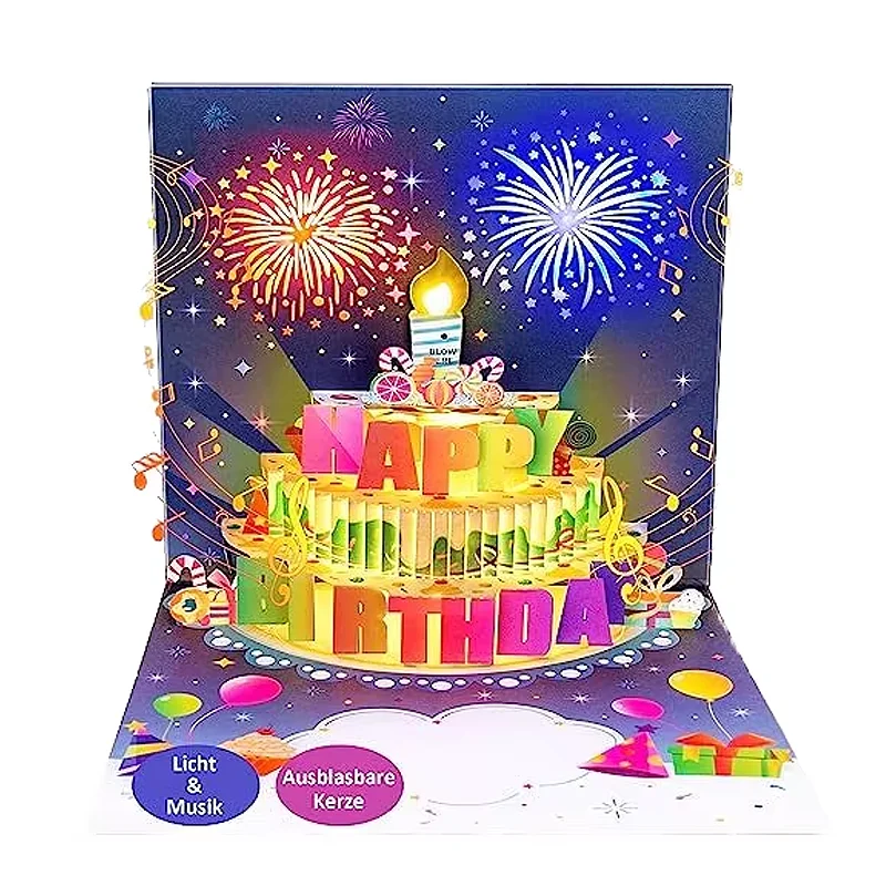 New arrival Lights and music 3D pop-up firework cake birthday card Creative handmade happy birthday card blessing gift