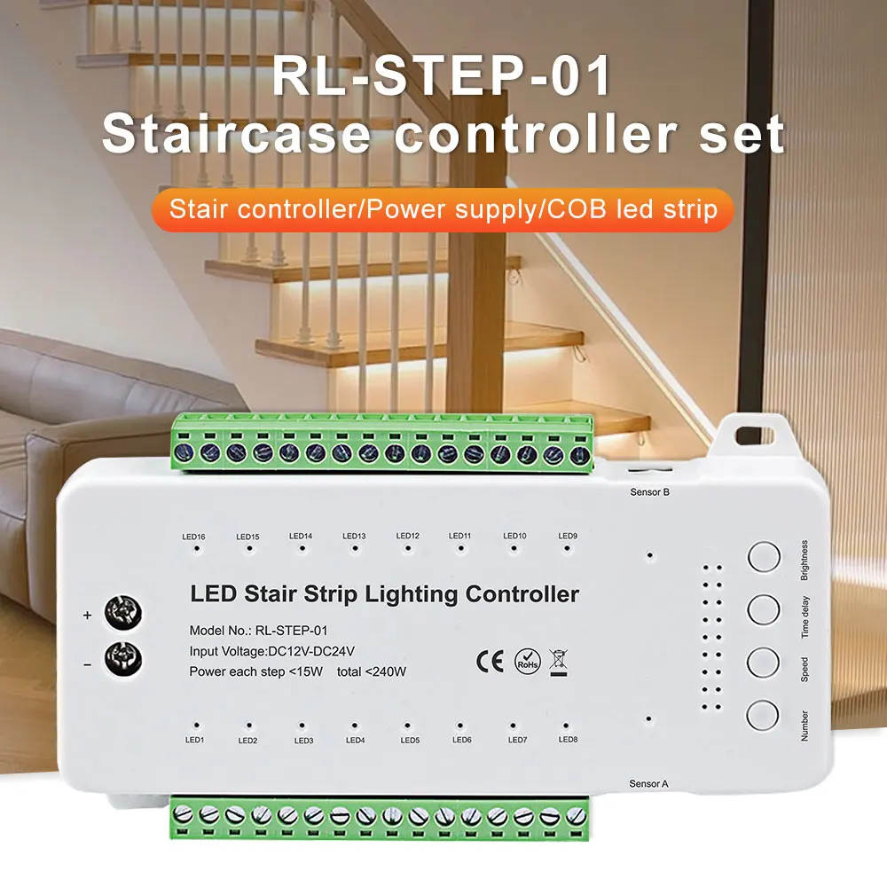 Step-01 16 Steps Stair Lighting Controller Set with COB Strips PIR Motions for Indoor Outdoor Decoration