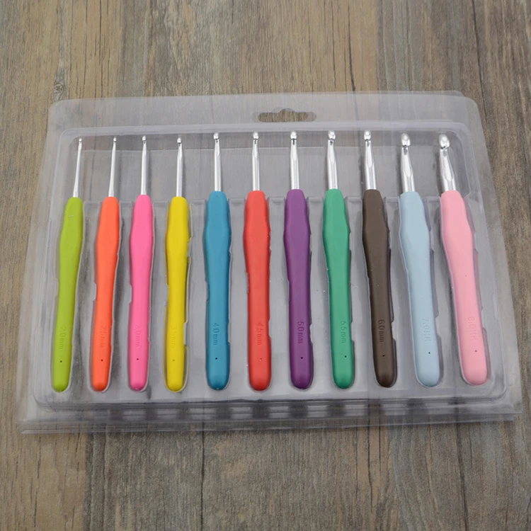 11PCs/set Knitting Needles TPR Soft Rubber Handle Aluminum Crochet Hooks for Knit DIY Craft Loom Tool Weaving Kit Plait