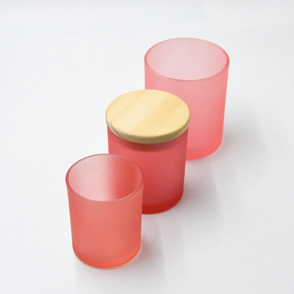 Luxury 7oz 10oz 14oz Pink Frosted Glass Candle Container In Bulk Candle Holder With Bamboo Lid For Candle Making