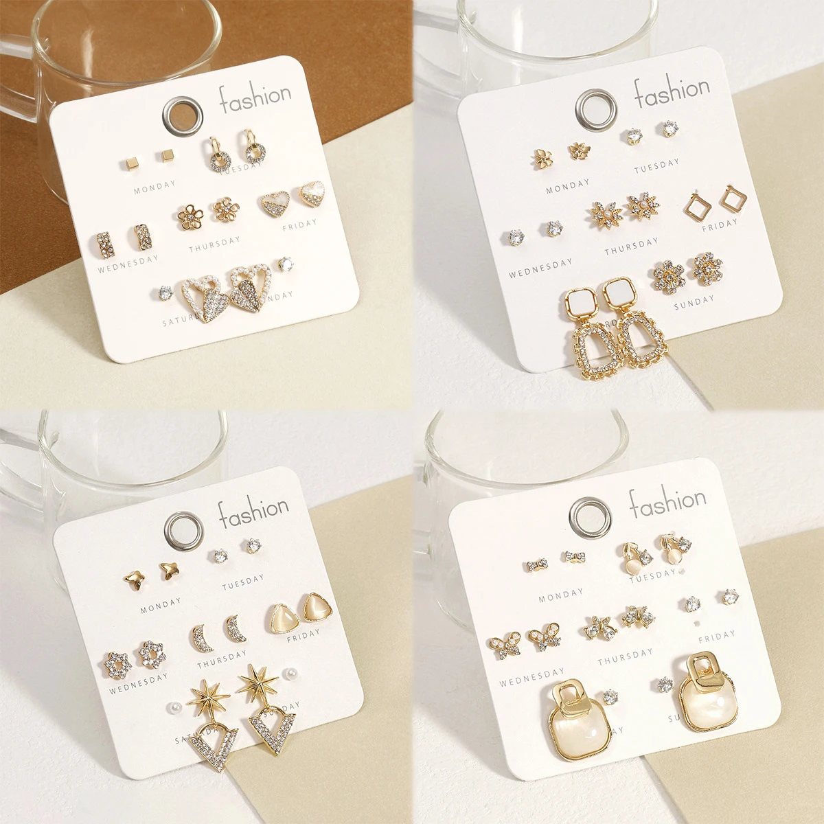 Dainty Combination Earrings Set Pal Diamond Rhinestone Stud Earrings Fashion Weekly Lady Combo Alloy Drop Earrings