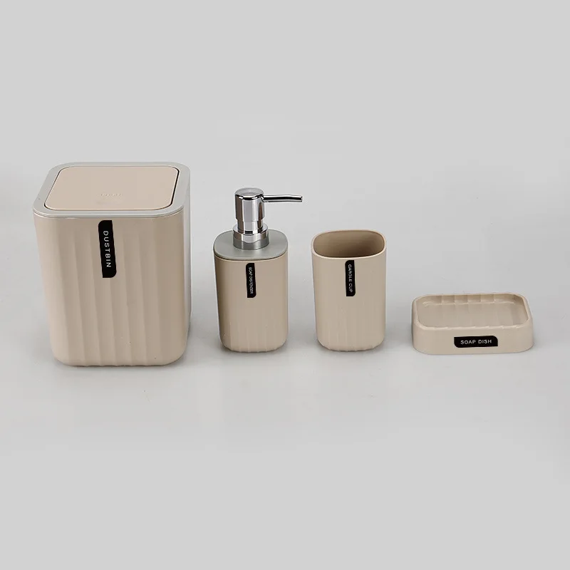 Nordic Design 4 Piece Plastic Bathroom Accessories Set Included Trash Can Soap Dispenser Cup Soap Dish