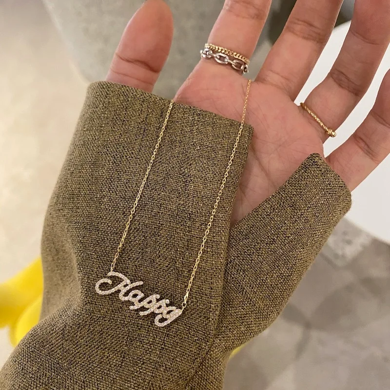 Vershal B5-249 Letter Of Happy Shiny Zircon Sterling Silver 14K Gold Plated Fine Jewelry Pendant Necklaces