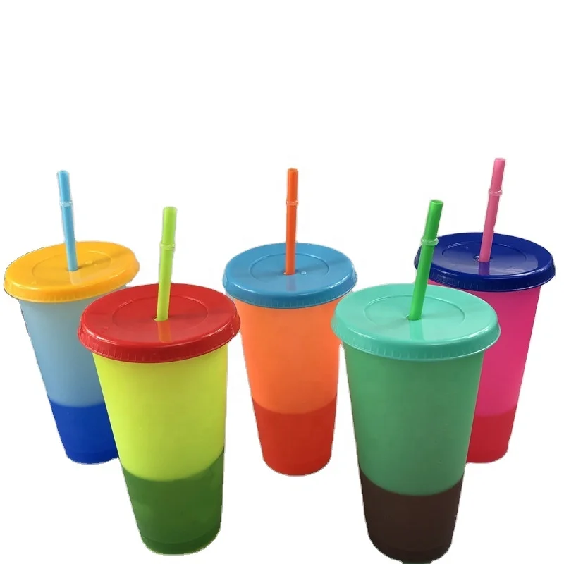 24oz plastic color changing cup with custom logo bpa free reusable acrylic tumbler straw