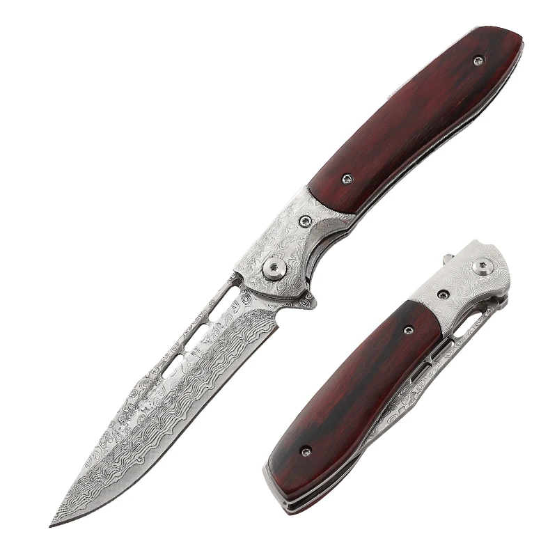 OEM Collection of Damascus Ebony wood Handle Folding Knives Recommended by Owner for Hunting Survival Outdoors