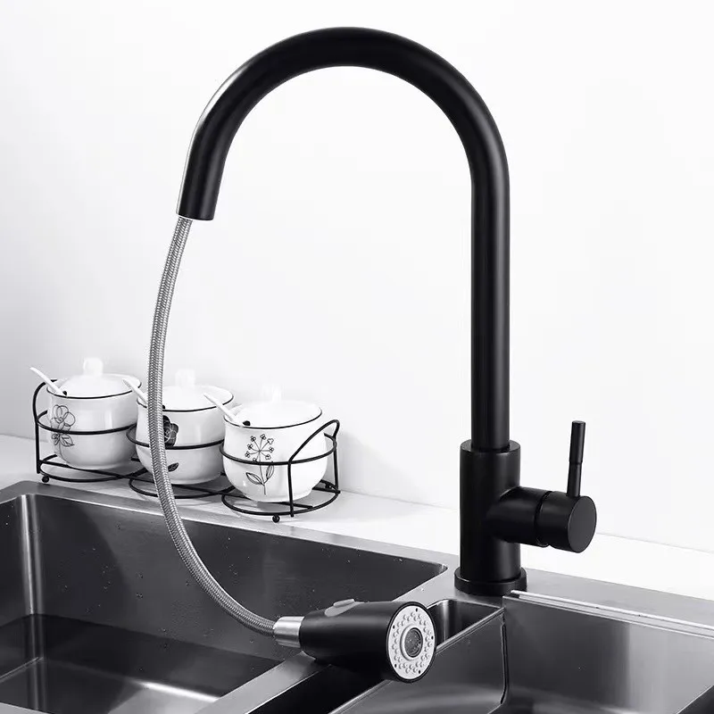 Modern Style Simply Matte Black Pull Out  360 Degree Rotatable Spray Head Flexible Hose Deck Mounted Kitchen Sink Faucet Tap