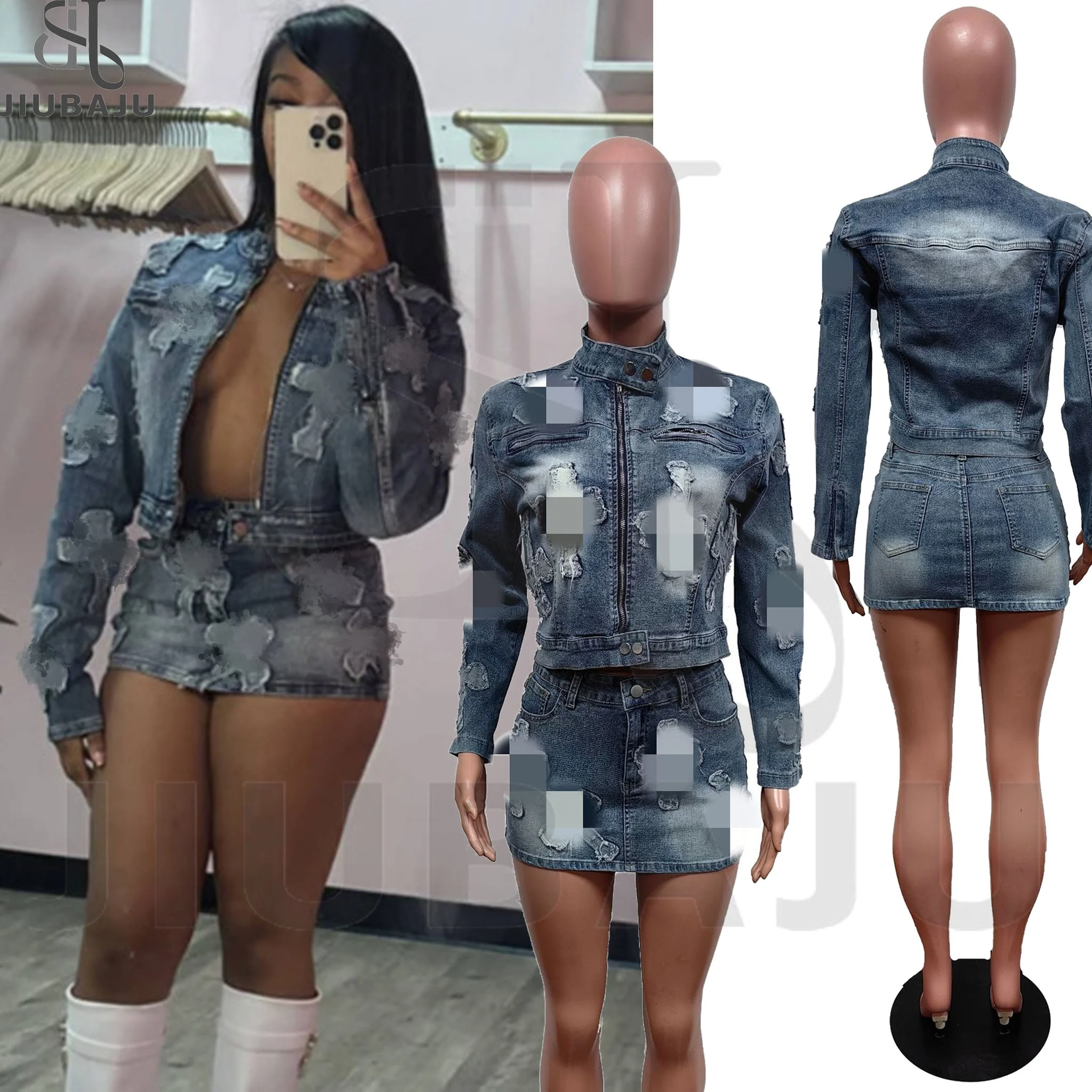 Wholesale Blue Zipper Jacket Mini Skirt Cotton Denim Set Embroidery Women Streetwear 2024 Jean Skirts Set
