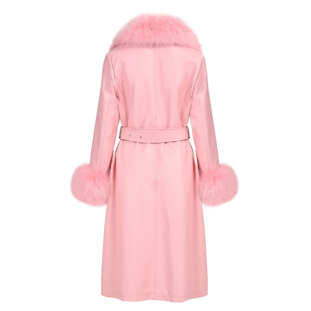 Luxury Fox Fur Collar Leather Trench Coat Woman Long Genuine Leather Trench Coats