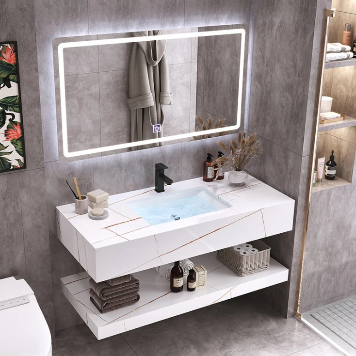 Integrated wall hung artificial stone basin bathroom rock plate porcelain sink waschbecken marmor grau cabinet basin