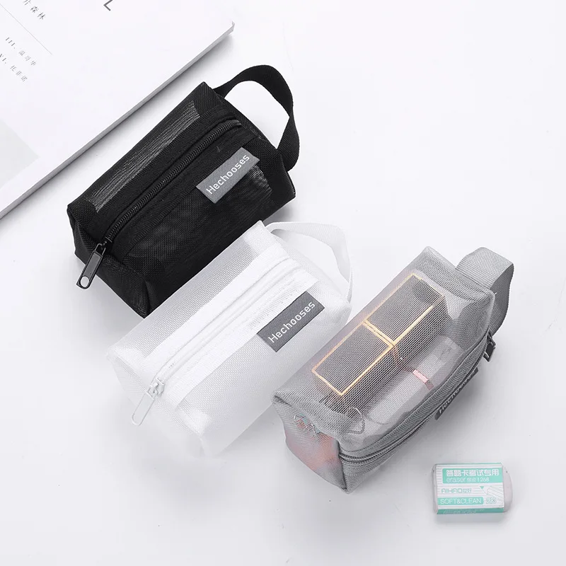 Popular Creative Large Capacity Square Nylon Pencil Bags Black White Grey Students Storage Stationery