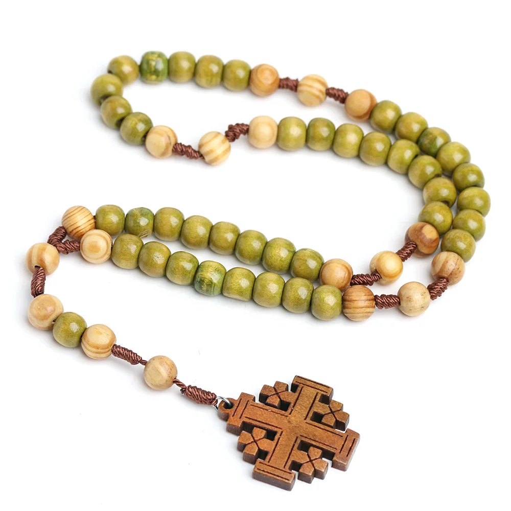 Natural Wooden Cross Tespih Jerusalem Woven Religious Necklace Prayer Beads Catholic Wood Rosaries