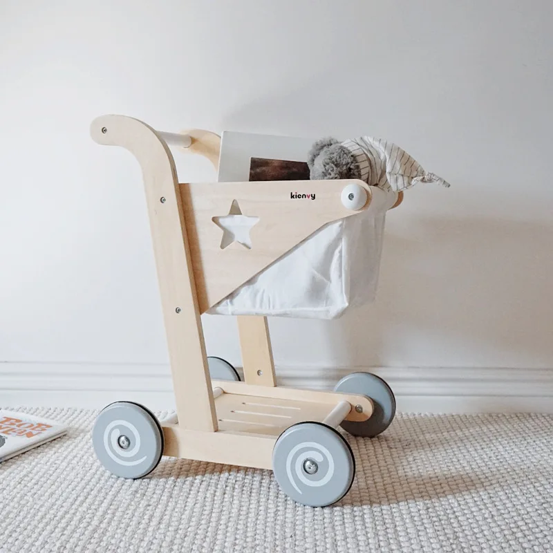 Educational Wooden Toy Role Play Grocery Store Shopping Cart Walking Trolley Play set for Child