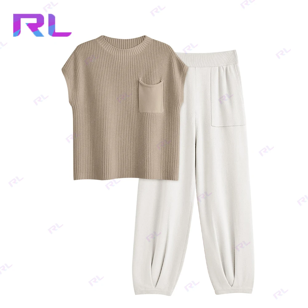 Women 2 Piece Knitted Sweatsuit Tracksuit Set Trendy Cotton Crew Neck Pullover Top Hight Waisted Jogger White Pants