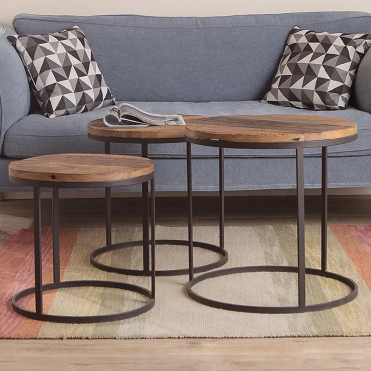 Metal frame solid wood top industrial corner round vintage table round end table for living room home furniture