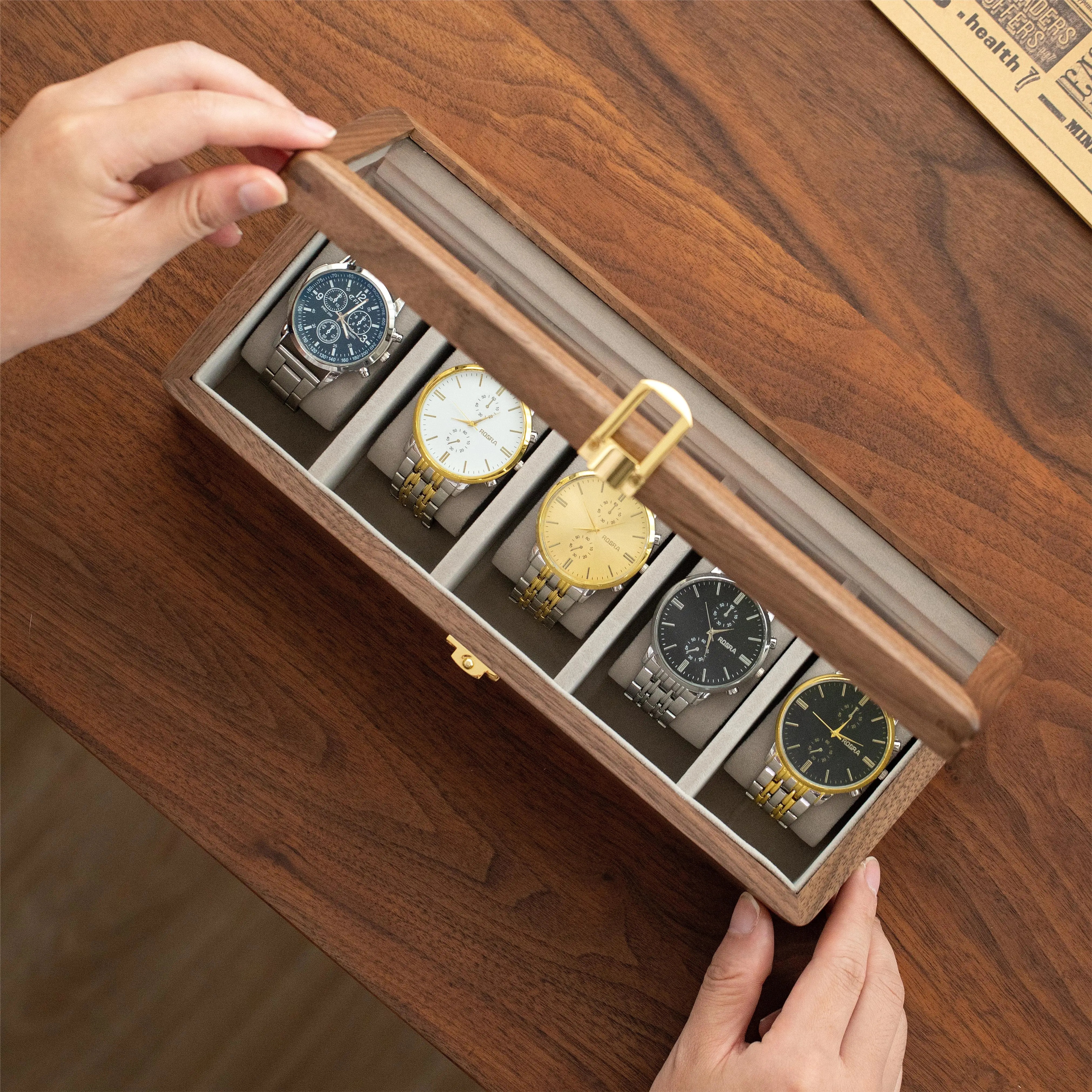 Wholesale Solid Walnut Elegant 5-Slot Watch Box Premium Jewelry Organizer for Watch Storage