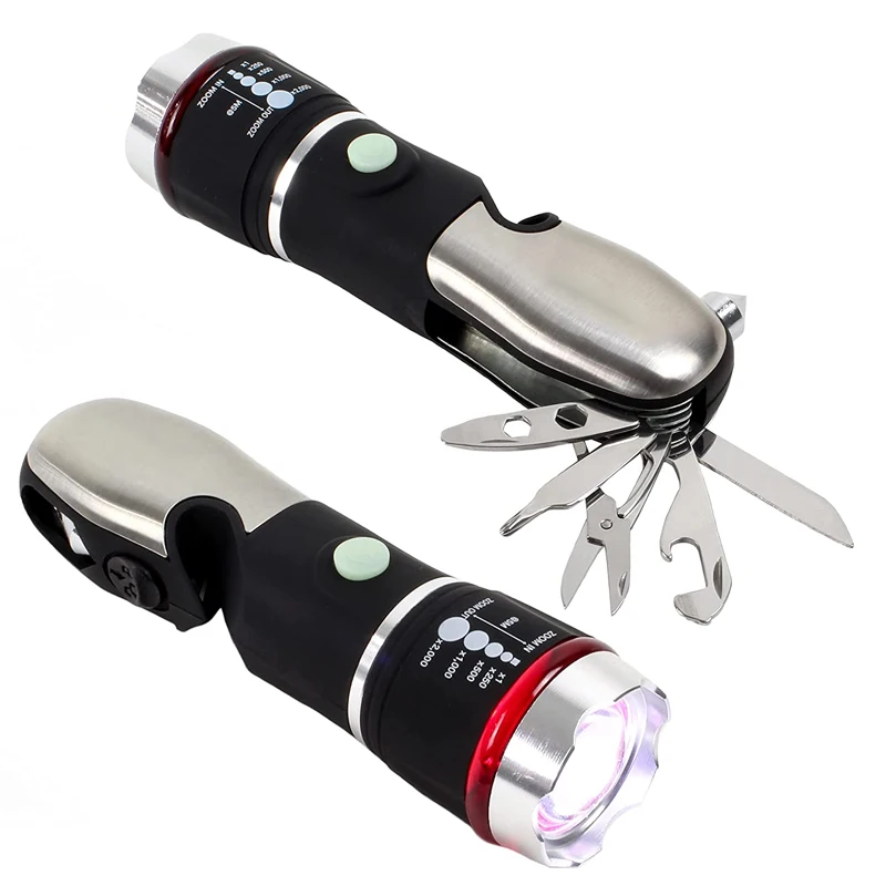 LED zoomable Stainless Steel 5 Piece Pocket Army Knife Tactical Multitool Flashlight With Seatbelt Cutter Window Glass Breaker