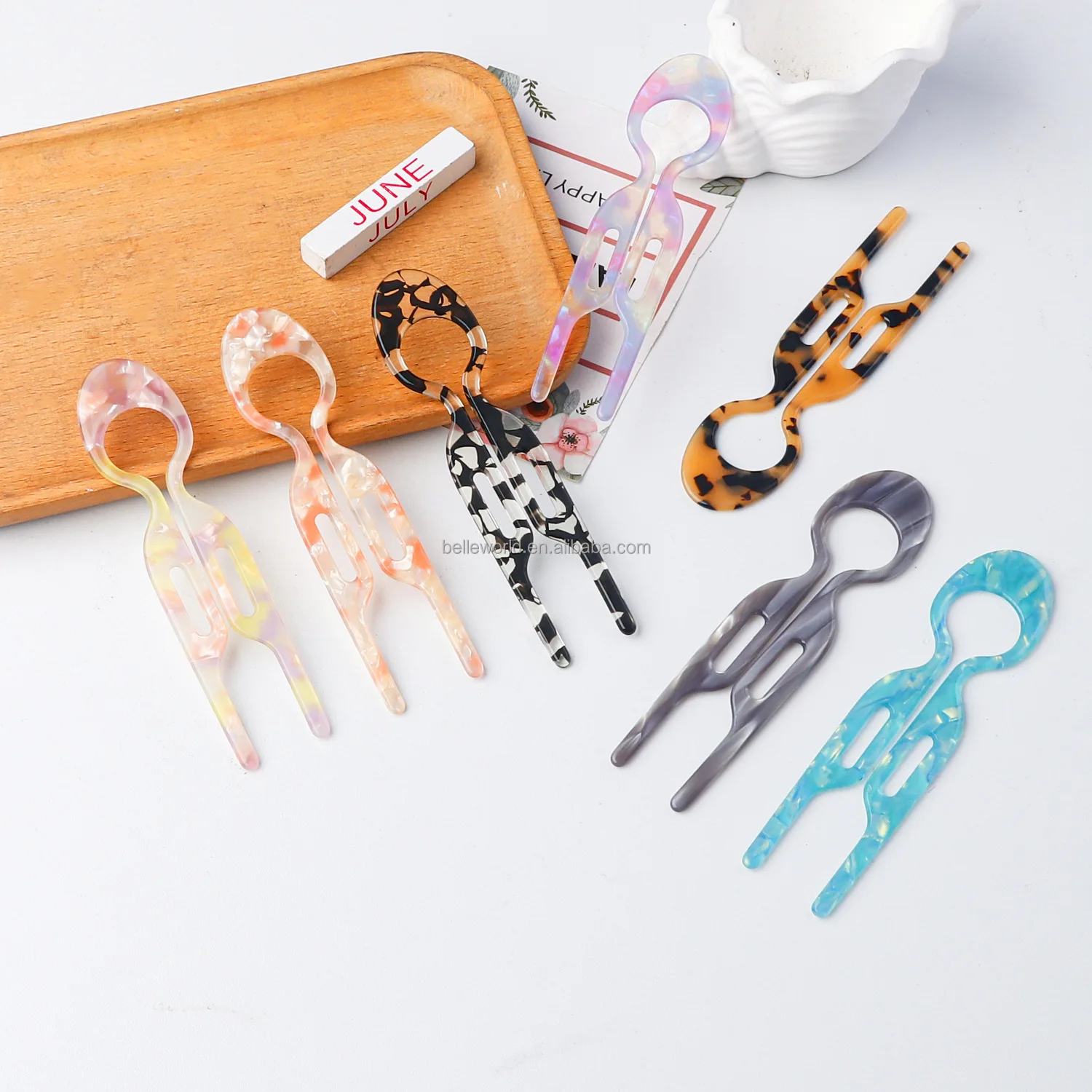 BELLEWORLD women girls hair bun accessories hanfu tradicional hair pin custom color Chinese acetate u-shaped hairpin sticks