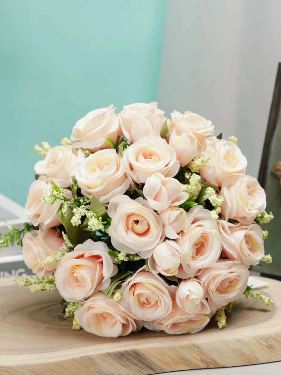 Artificial Holding Flowers White Champagne Bridesmaid Flower Wedding Bouquet With Ribbon