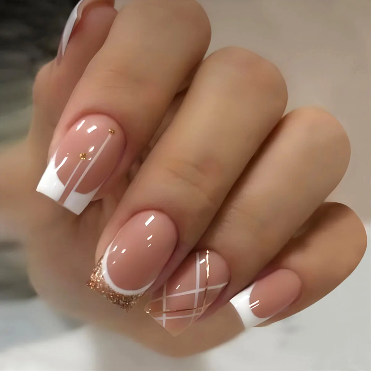 French Square Head Detachable False Nails Ballerina Short Rhinestone Fake Nails Full Cover Nail Tips 24/pcs