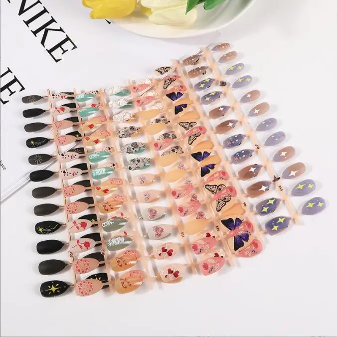 New Customized Designs Matte Short Almond 5D Emboss Press On False Nails Full Cover Ins Artificial Fingernail Full Abs 24pcs/box