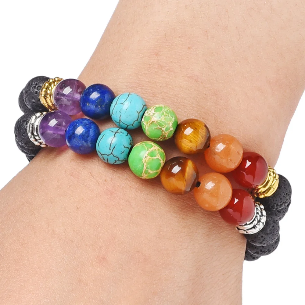 Azone Wholesale 7 Chakra Healing Bracelet Real Stones Volcanic Lava Mala Meditation Bracelets Wrap Stretch Charm Bracelets