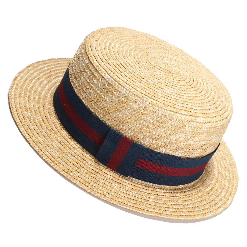 New Style Flat Top Skimmer Boater Hat Wholesale Straw Hat Summer Natural Wheat Straw Hat
