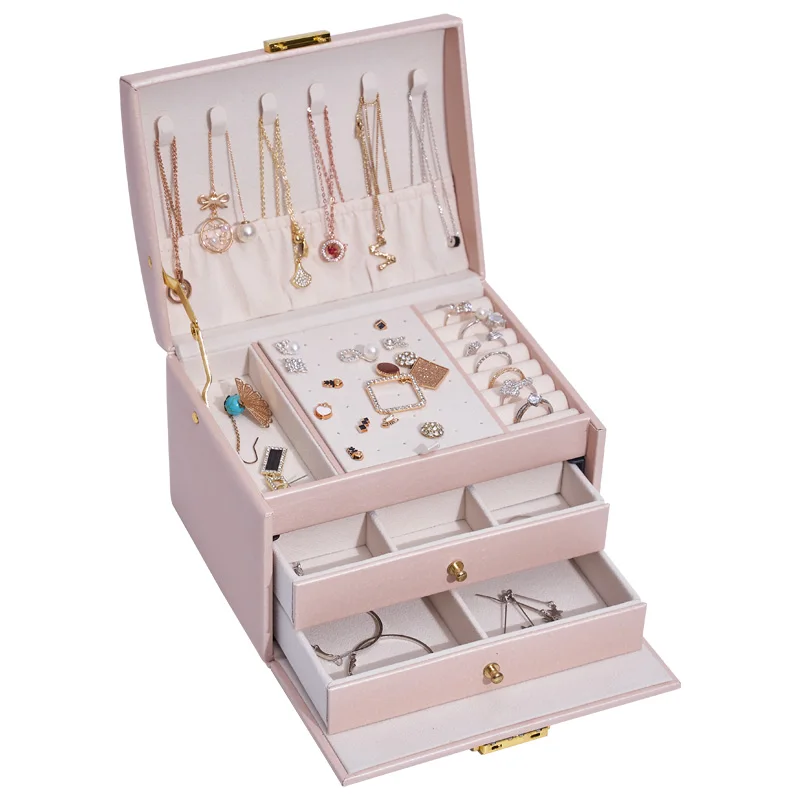 Luxury PU Leather Jewelry Storage Gift Box Case 3 Layers Drawer Necklace Rings Earrings Jewelry Organizer with Handle