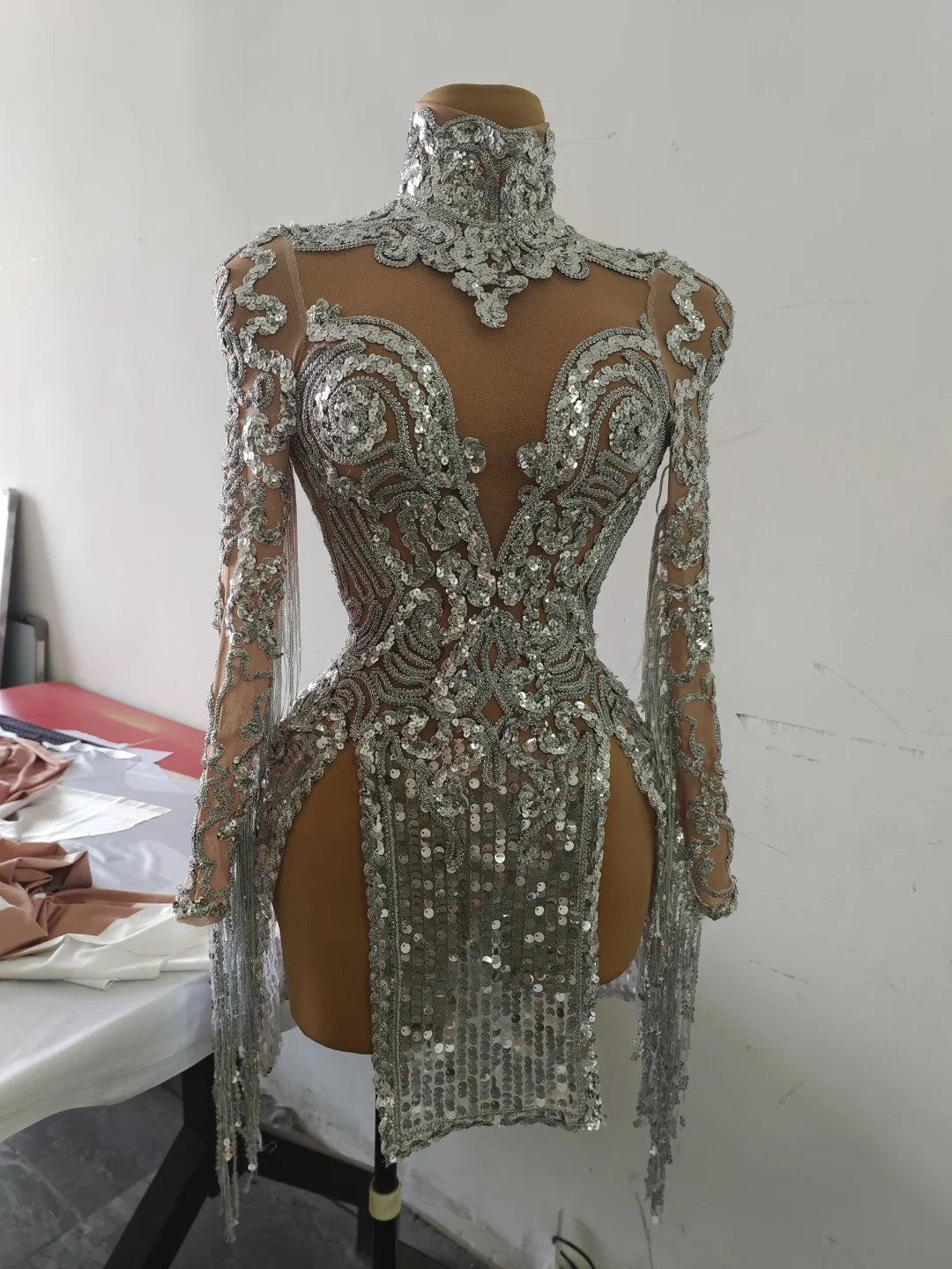 Shining Silver Sequins High Slit Fringes Dress Women Nightclub Deep V Perspective Tassel Party Dress Singer Dance Stage Costume