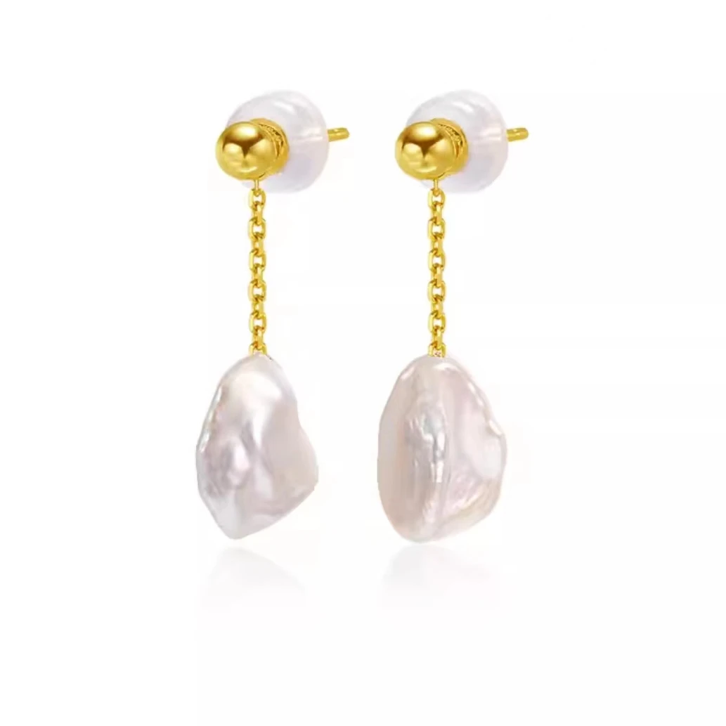 Gold plated sterling silver 8-9 mm AAA natural freshwater baroque keshi pearls earrings