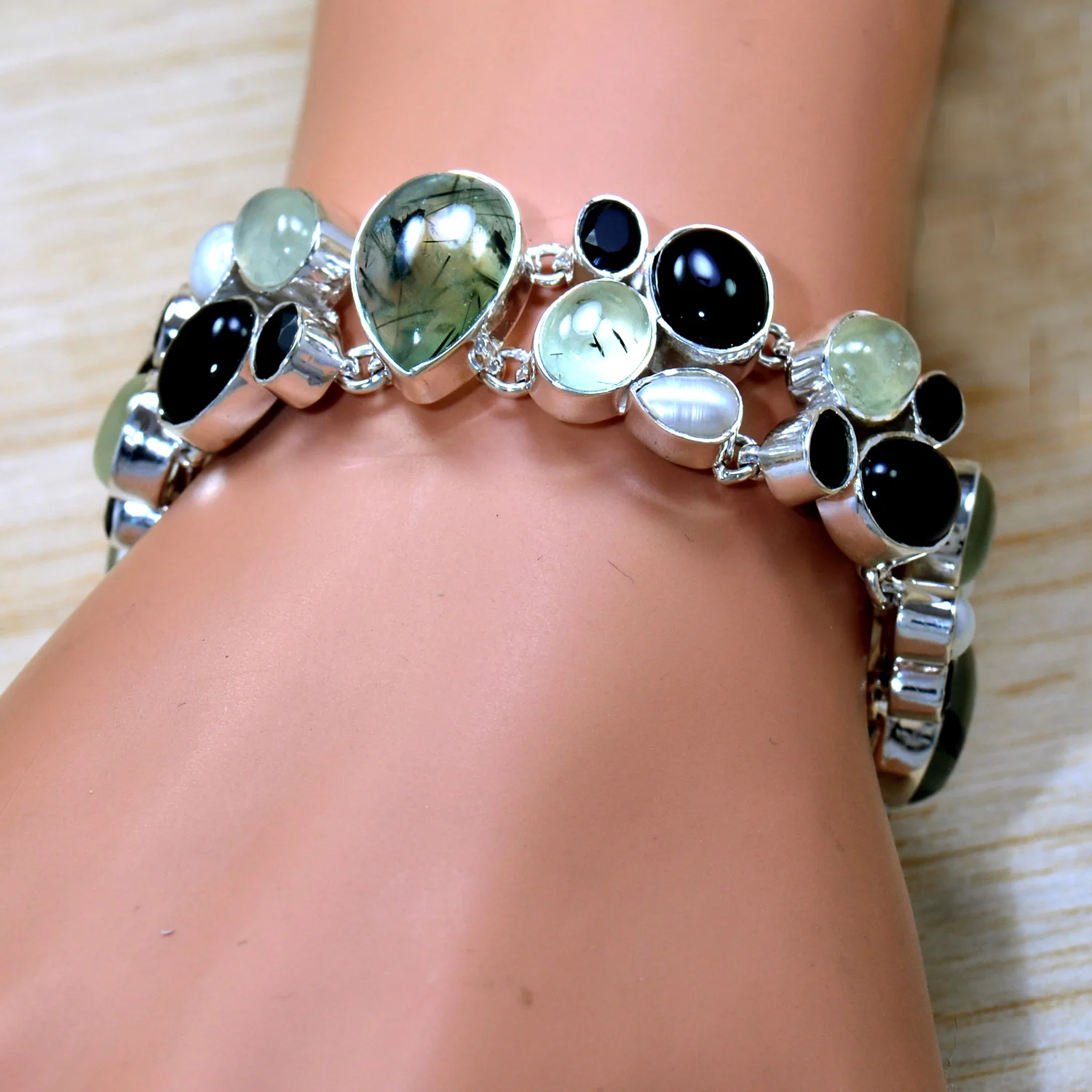 Handmade 100% Authentic Prehnite Multi Gemstones Genuine 925 Sterling Silver Religious Bracelet Featuring Diamond Pearl SJWBR