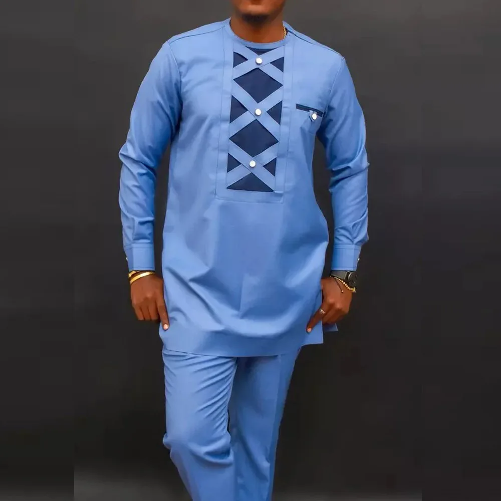 Islamic&muslim&arabic Men Suit Two Piece Pants Set with Solid Color Patchwork Round Neck Long Sleeved Party African Ethnic Style